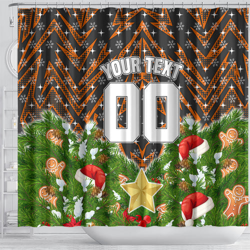 Personalised Wests Tigers Rugby Christmas Shower Curtain Santa Rugby Mascot - Pine Wreath Festive