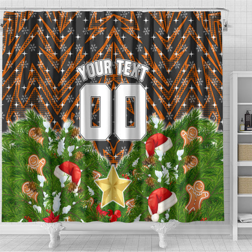 Personalised Wests Tigers Rugby Christmas Shower Curtain Santa Rugby Mascot - Pine Wreath Festive