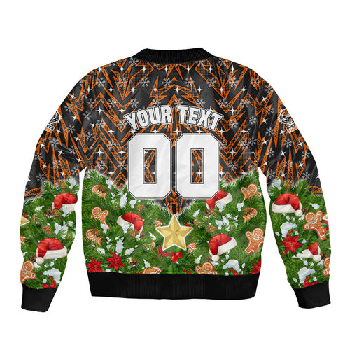 Personalised Wests Tigers Rugby Christmas Sleeve Zip Bomber Jacket Santa Rugby Mascot - Pine Wreath Festive