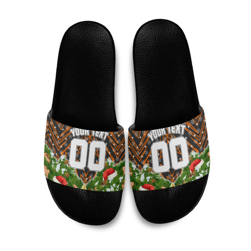 Personalised Wests Tigers Rugby Christmas Slide Sandals Santa Rugby Mascot - Pine Wreath Festive
