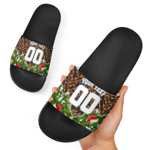 Personalised Wests Tigers Rugby Christmas Slide Sandals Santa Rugby Mascot - Pine Wreath Festive