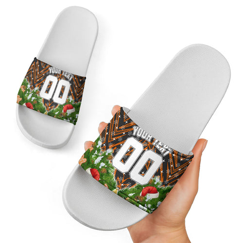 Personalised Wests Tigers Rugby Christmas Slide Sandals Santa Rugby Mascot - Pine Wreath Festive
