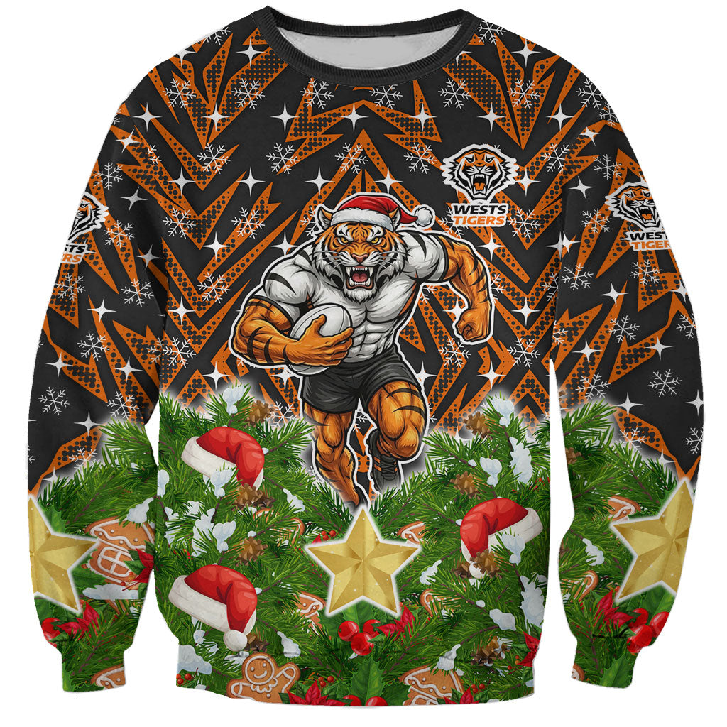 Personalised Wests Tigers Rugby Christmas Sweatshirt Santa Rugby Mascot - Pine Wreath Festive