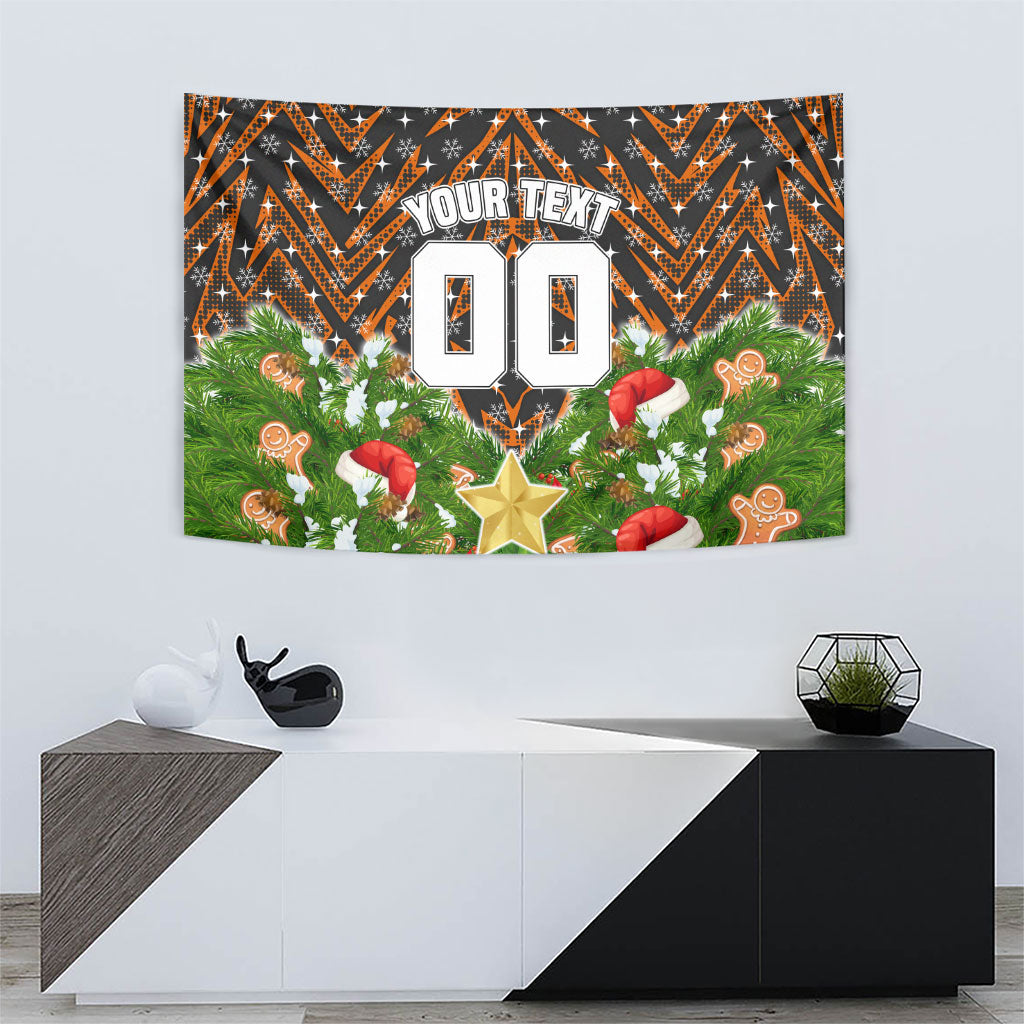 Personalised Wests Tigers Rugby Christmas Tapestry Santa Rugby Mascot - Pine Wreath Festive