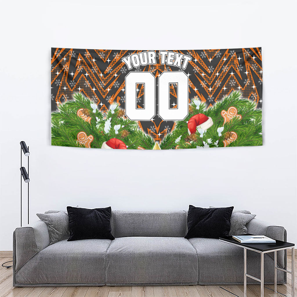 Personalised Wests Tigers Rugby Christmas Tapestry Santa Rugby Mascot - Pine Wreath Festive