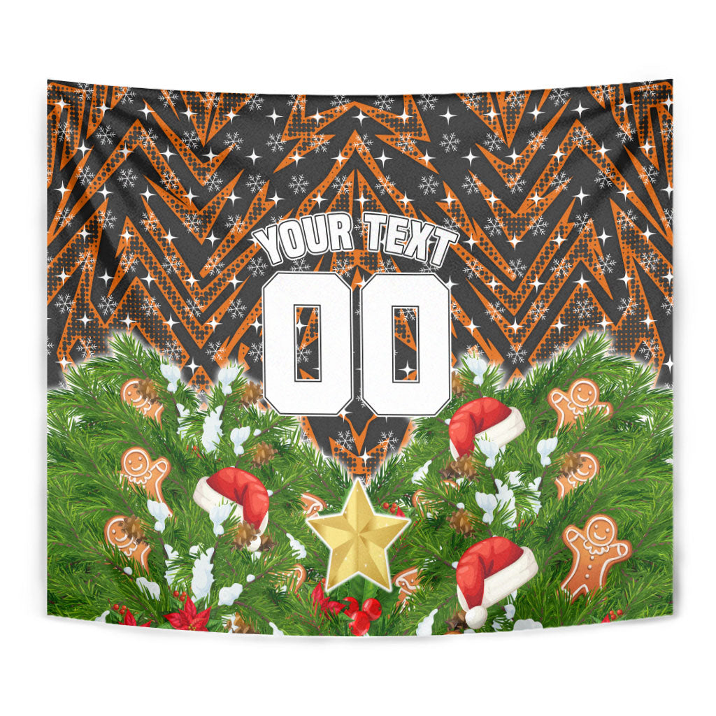 Personalised Wests Tigers Rugby Christmas Tapestry Santa Rugby Mascot - Pine Wreath Festive