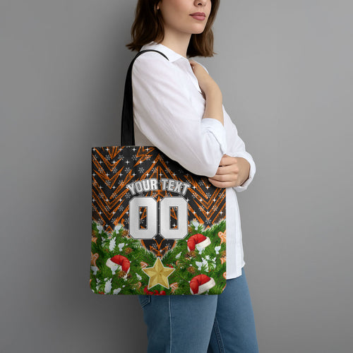 Personalised Wests Tigers Rugby Christmas Tote Bag Santa Rugby Mascot - Pine Wreath Festive