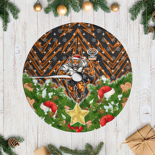 Wests Tigers Rugby Christmas Tree Skirt Santa Rugby Mascot - Pine Wreath Festive