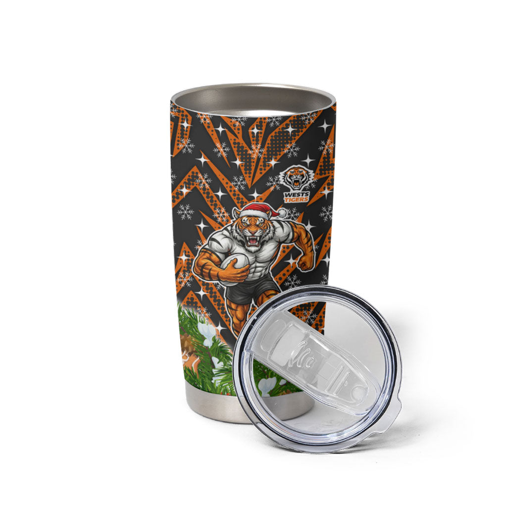 Personalised Wests Tigers Rugby Christmas Tumbler Cup Santa Rugby Mascot - Pine Wreath Festive