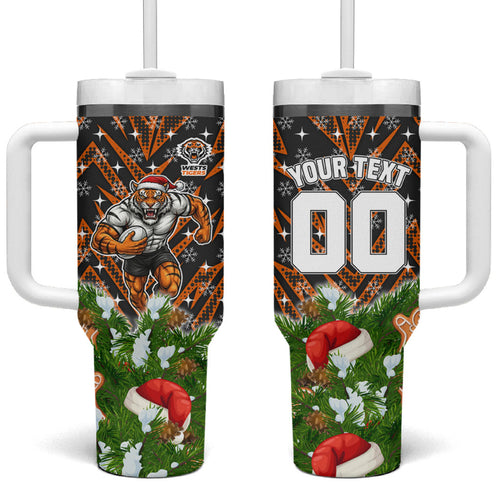 Personalised Wests Tigers Rugby Christmas Tumbler With Handle Santa Rugby Mascot - Pine Wreath Festive