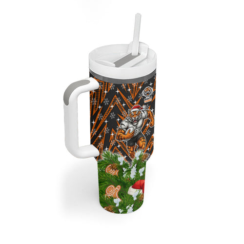 Personalised Wests Tigers Rugby Christmas Tumbler With Handle Santa Rugby Mascot - Pine Wreath Festive