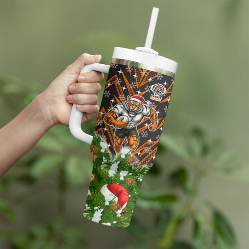 Personalised Wests Tigers Rugby Christmas Tumbler With Handle Santa Rugby Mascot - Pine Wreath Festive