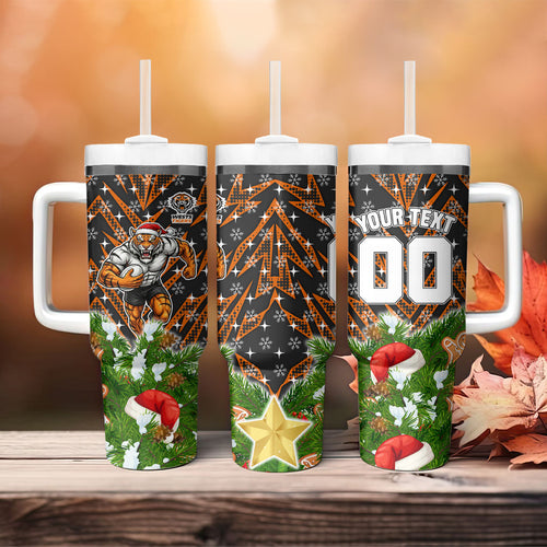 Personalised Wests Tigers Rugby Christmas Tumbler With Handle Santa Rugby Mascot - Pine Wreath Festive