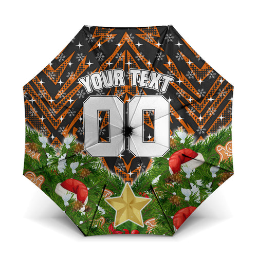 Personalised Wests Tigers Rugby Christmas Umbrella Santa Rugby Mascot - Pine Wreath Festive