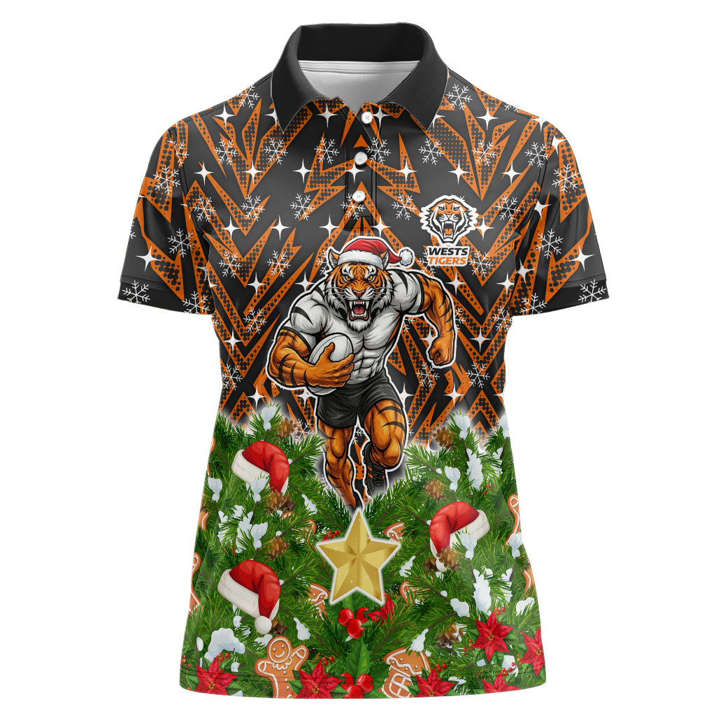 Personalised Wests Tigers Rugby Christmas Women Polo Shirt Santa Rugby Mascot - Pine Wreath Festive