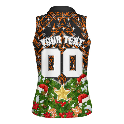 Personalised Wests Tigers Rugby Christmas Women Sleeveless Polo Shirt Santa Rugby Mascot - Pine Wreath Festive