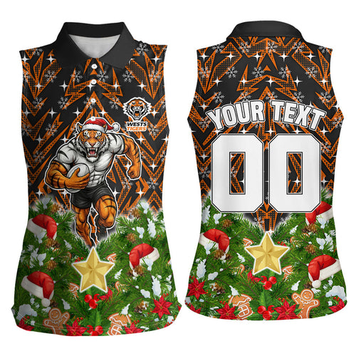 Personalised Wests Tigers Rugby Christmas Women Sleeveless Polo Shirt Santa Rugby Mascot - Pine Wreath Festive