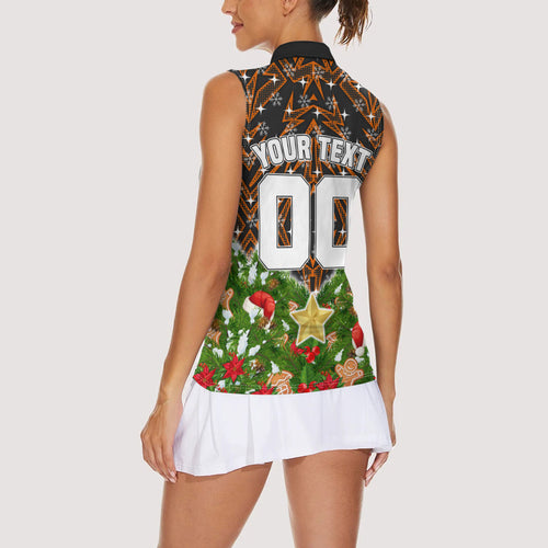 Personalised Wests Tigers Rugby Christmas Women Sleeveless Polo Shirt Santa Rugby Mascot - Pine Wreath Festive