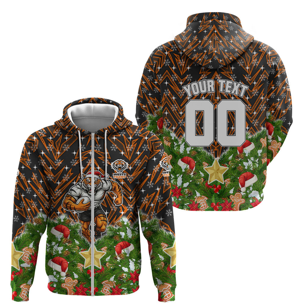 Personalised Wests Tigers Rugby Christmas Zip Hoodie Santa Rugby Mascot - Pine Wreath Festive