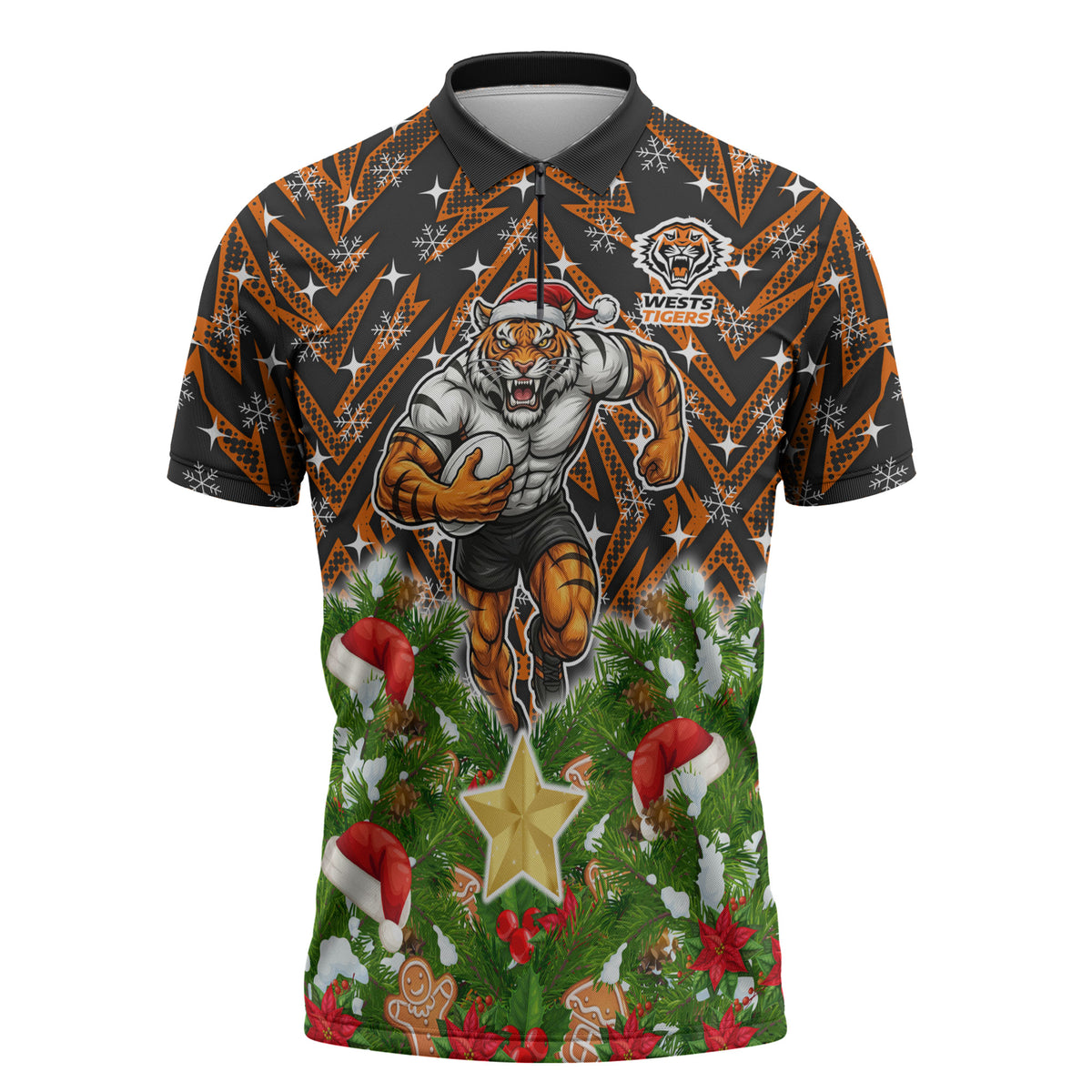 Personalised Wests Tigers Rugby Christmas Zipper Polo Shirt Santa Rugby Mascot - Pine Wreath Festive