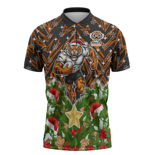 Personalised Wests Tigers Rugby Christmas Zipper Polo Shirt Santa Rugby Mascot - Pine Wreath Festive