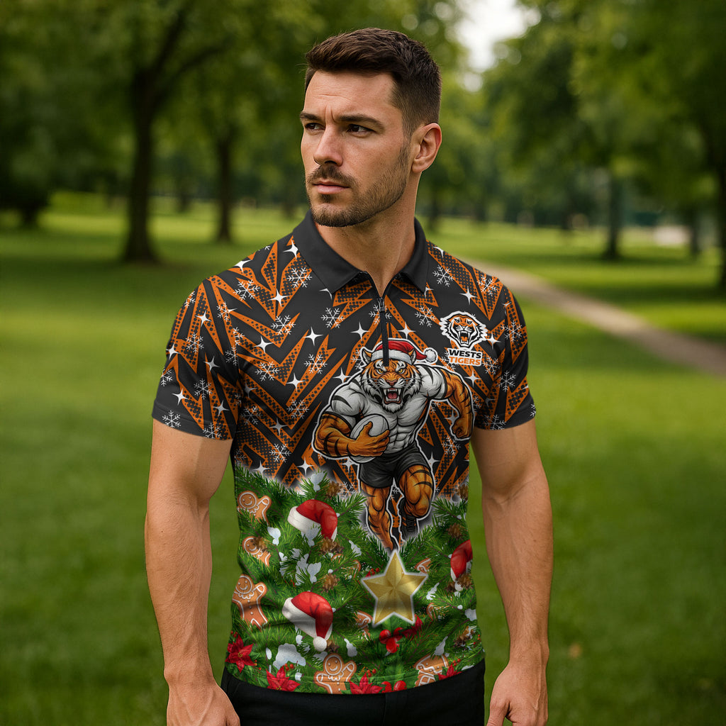 Personalised Wests Tigers Rugby Christmas Zipper Polo Shirt Santa Rugby Mascot - Pine Wreath Festive