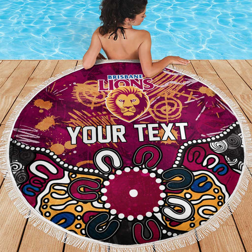 Personalized Brisbane Lions Beach Blanket Aboriginal Dot Painting Graffiti Style