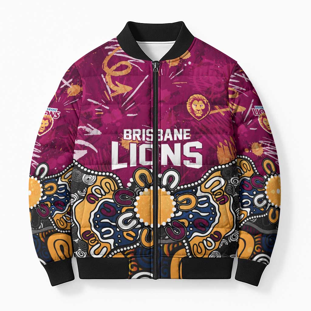 Personalized Brisbane Lions Bomber Puffer Jacket Aboriginal Dot Painting Graffiti Style