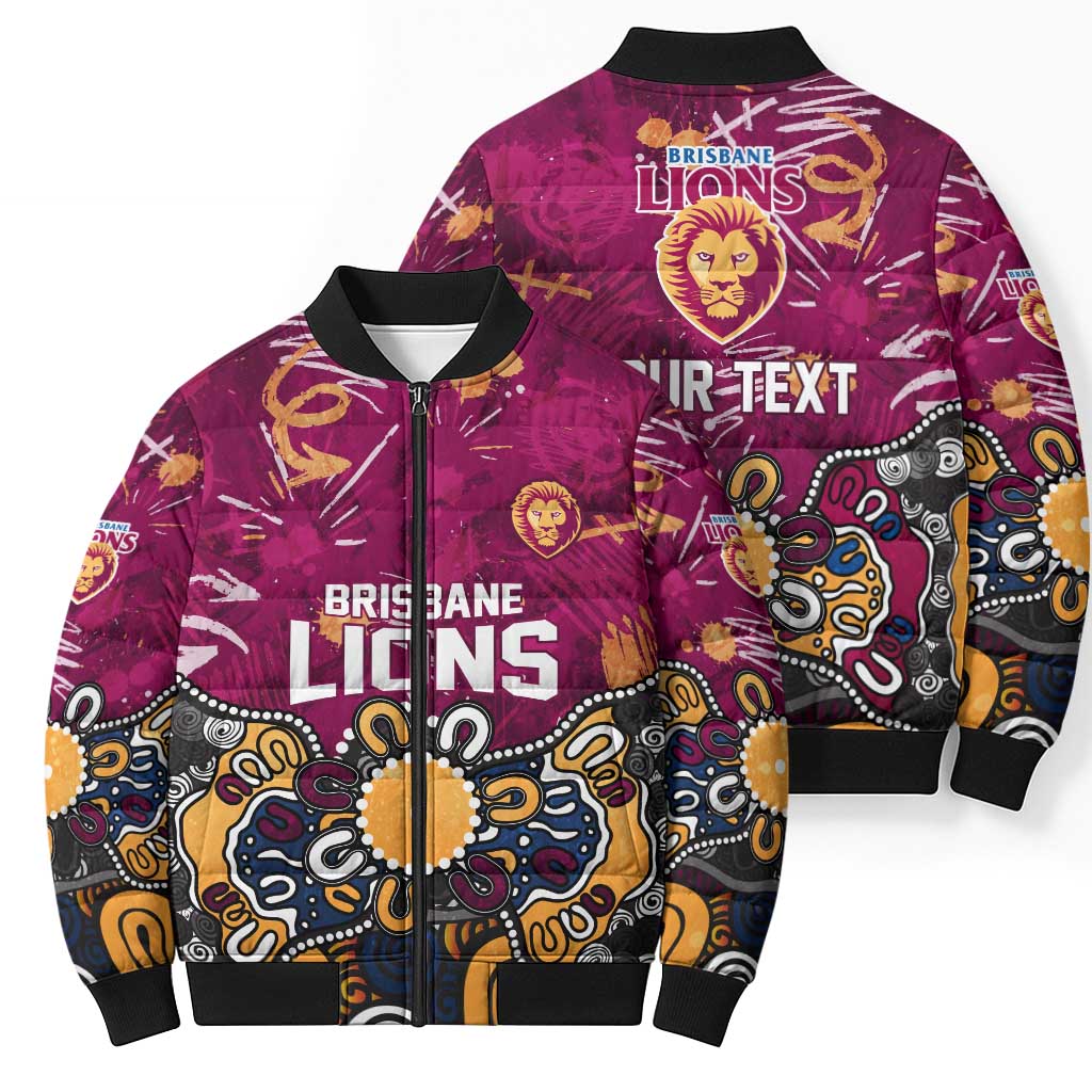 Personalized Brisbane Lions Bomber Puffer Jacket Aboriginal Dot Painting Graffiti Style