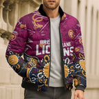 Personalized Brisbane Lions Bomber Puffer Jacket Aboriginal Dot Painting Graffiti Style