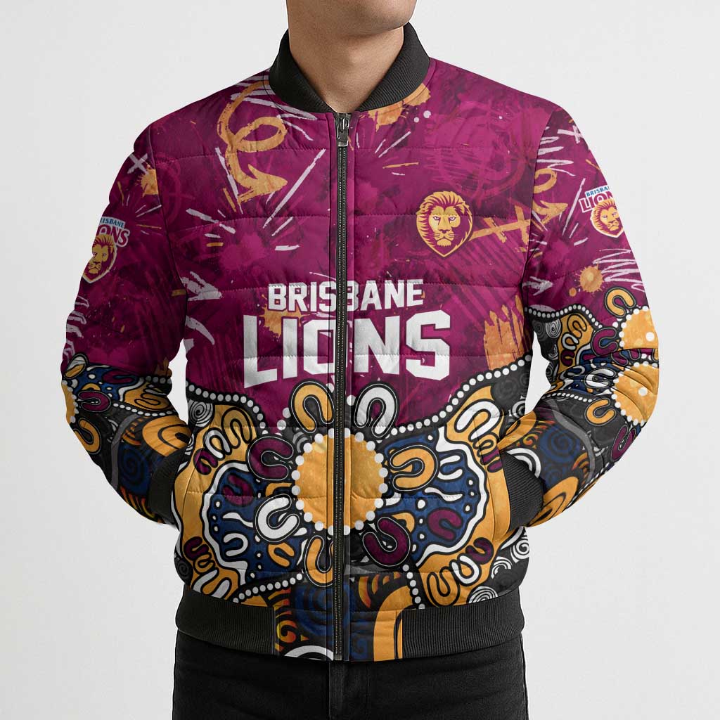 Personalized Brisbane Lions Bomber Puffer Jacket Aboriginal Dot Painting Graffiti Style