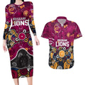 Personalized Brisbane Lions Couples Matching Long Sleeve Bodycon Dress and Hawaiian Shirt Aboriginal Dot Painting Graffiti Style