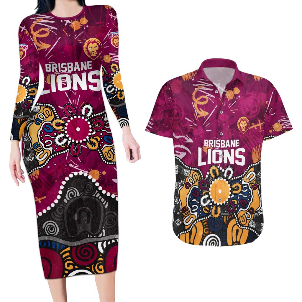 Personalized Brisbane Lions Couples Matching Long Sleeve Bodycon Dress and Hawaiian Shirt Aboriginal Dot Painting Graffiti Style