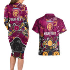 Personalized Brisbane Lions Couples Matching Long Sleeve Bodycon Dress and Hawaiian Shirt Aboriginal Dot Painting Graffiti Style