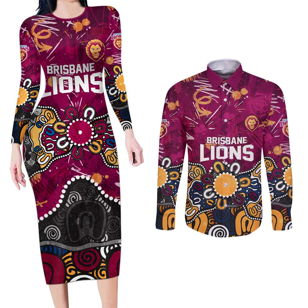 Personalized Brisbane Lions Couples Matching Long Sleeve Bodycon Dress and Long Sleeve Button Shirt Aboriginal Dot Painting Graffiti Style