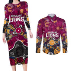 Personalized Brisbane Lions Couples Matching Long Sleeve Bodycon Dress and Long Sleeve Button Shirt Aboriginal Dot Painting Graffiti Style