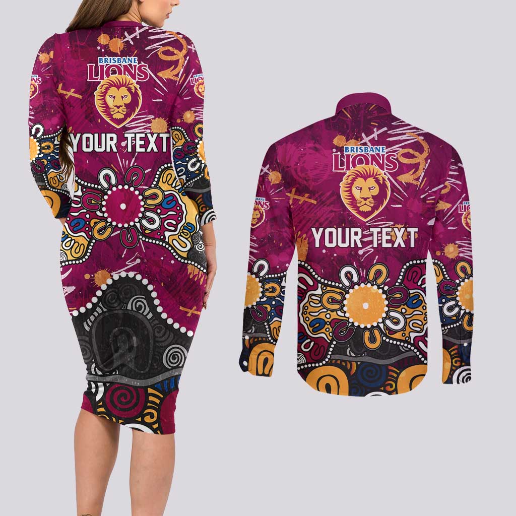 Personalized Brisbane Lions Couples Matching Long Sleeve Bodycon Dress and Long Sleeve Button Shirt Aboriginal Dot Painting Graffiti Style