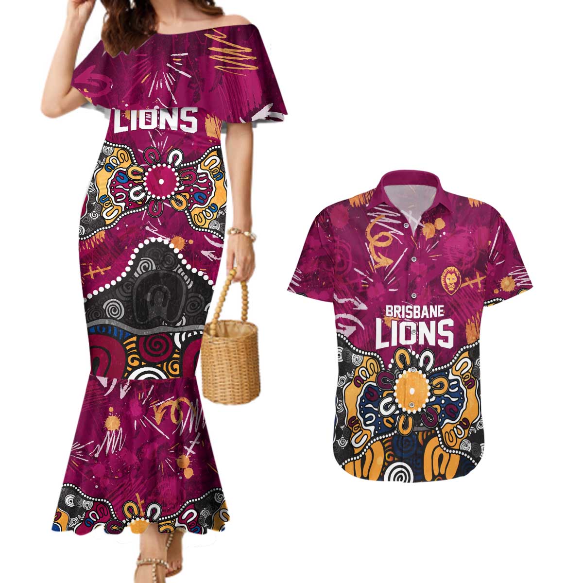 Personalized Brisbane Lions Couples Matching Mermaid Dress and Hawaiian Shirt Aboriginal Dot Painting Graffiti Style