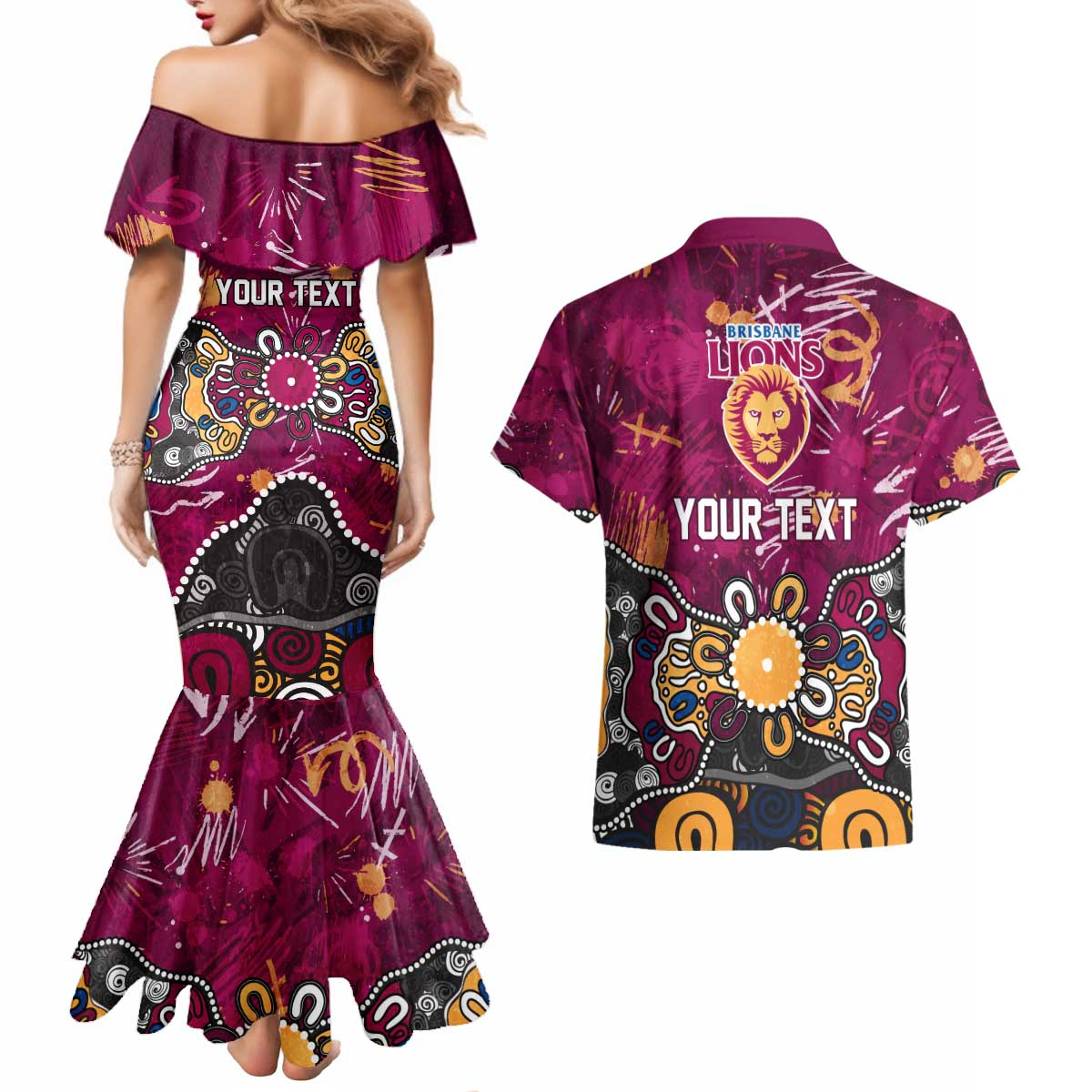 Personalized Brisbane Lions Couples Matching Mermaid Dress and Hawaiian Shirt Aboriginal Dot Painting Graffiti Style