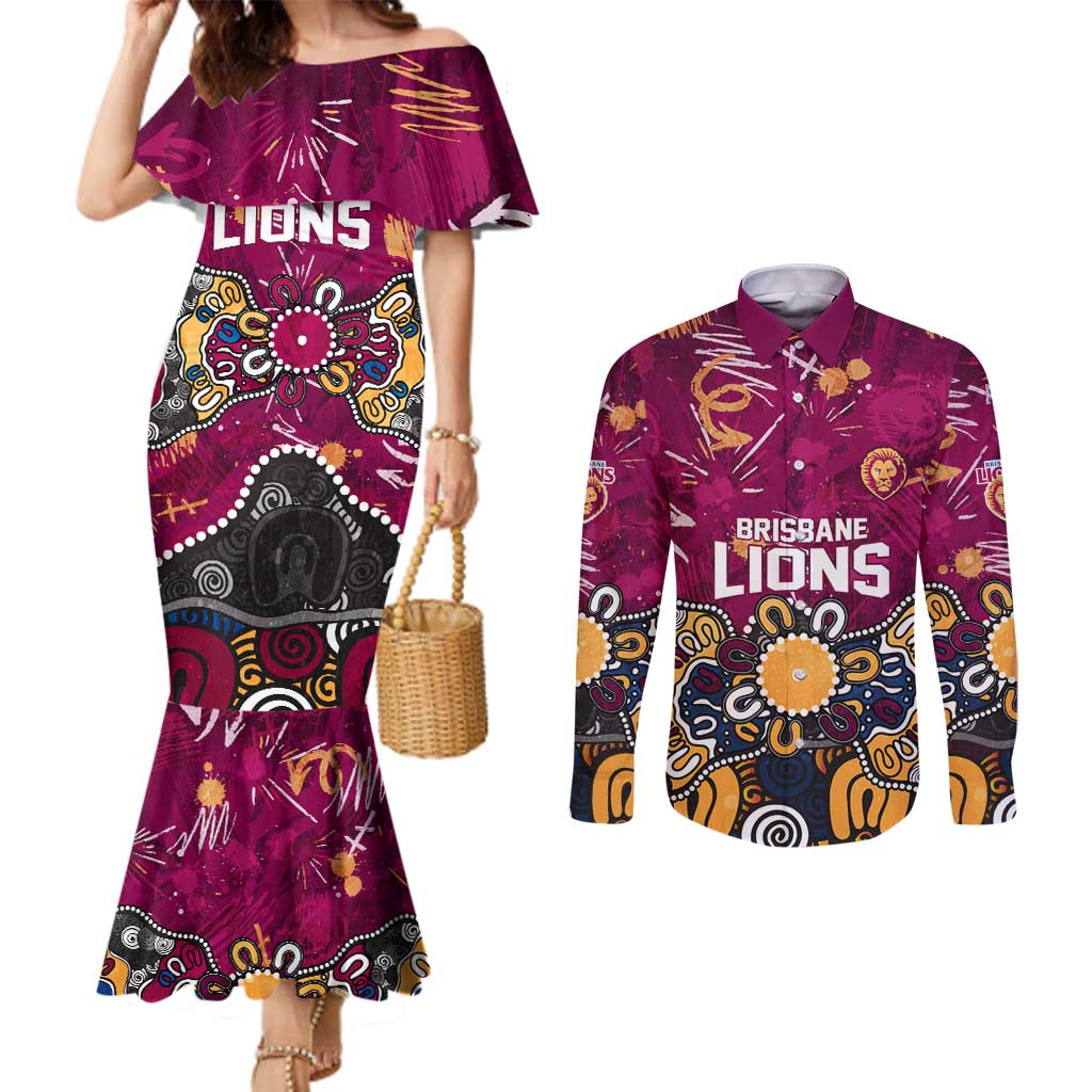 Personalized Brisbane Lions Couples Matching Mermaid Dress and Long Sleeve Button Shirt Aboriginal Dot Painting Graffiti Style
