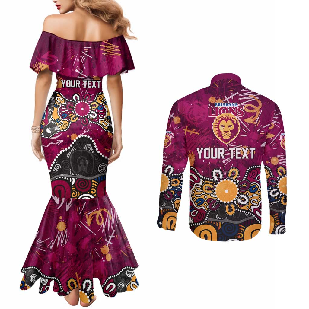 Personalized Brisbane Lions Couples Matching Mermaid Dress and Long Sleeve Button Shirt Aboriginal Dot Painting Graffiti Style