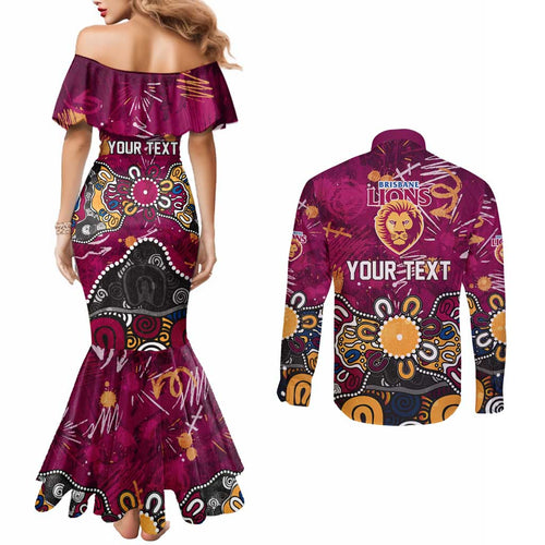 Personalized Brisbane Lions Couples Matching Mermaid Dress and Long Sleeve Button Shirt Aboriginal Dot Painting Graffiti Style