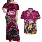 Personalized Brisbane Lions Couples Matching Off Shoulder Maxi Dress and Hawaiian Shirt Aboriginal Dot Painting Graffiti Style
