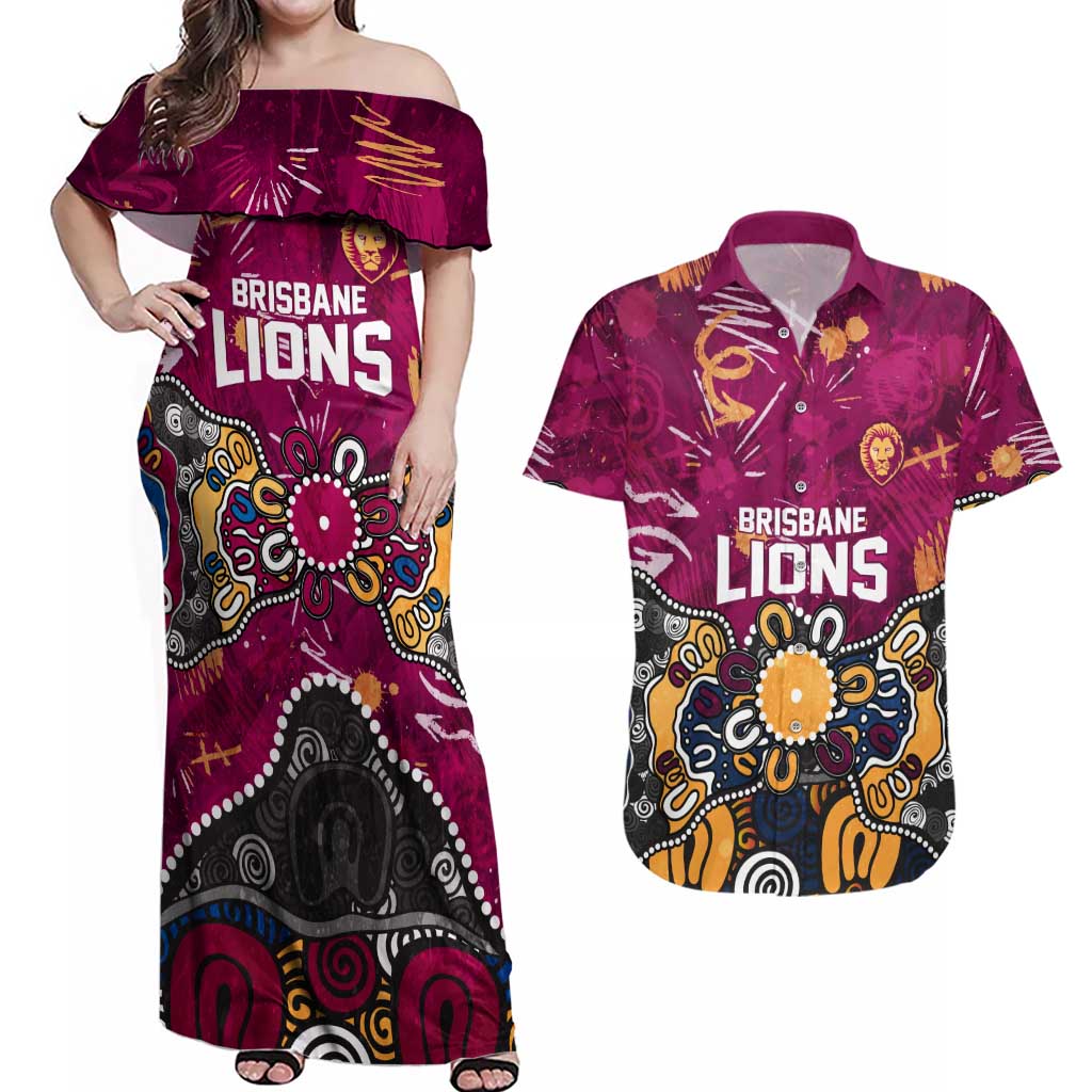 Personalized Brisbane Lions Couples Matching Off Shoulder Maxi Dress and Hawaiian Shirt Aboriginal Dot Painting Graffiti Style