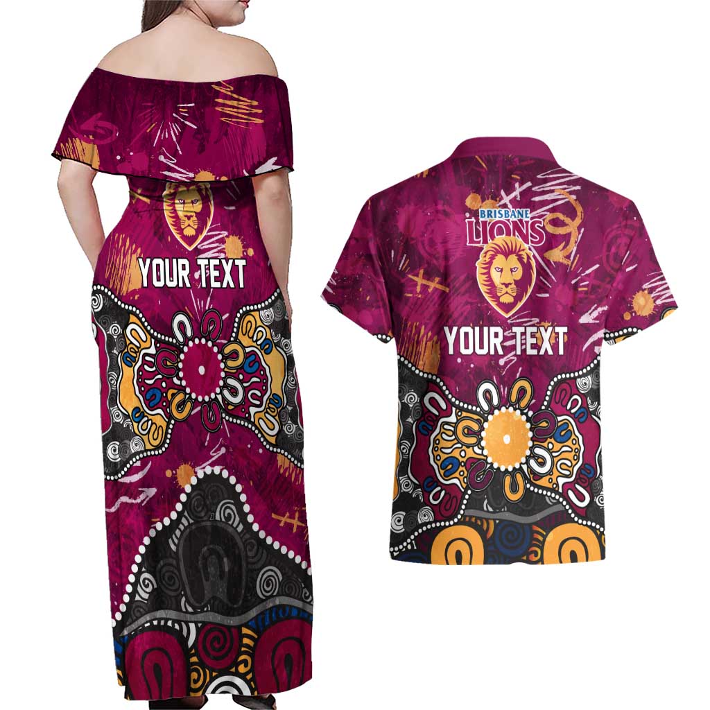 Personalized Brisbane Lions Couples Matching Off Shoulder Maxi Dress and Hawaiian Shirt Aboriginal Dot Painting Graffiti Style