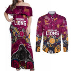 Personalized Brisbane Lions Couples Matching Off Shoulder Maxi Dress and Long Sleeve Button Shirt Aboriginal Dot Painting Graffiti Style