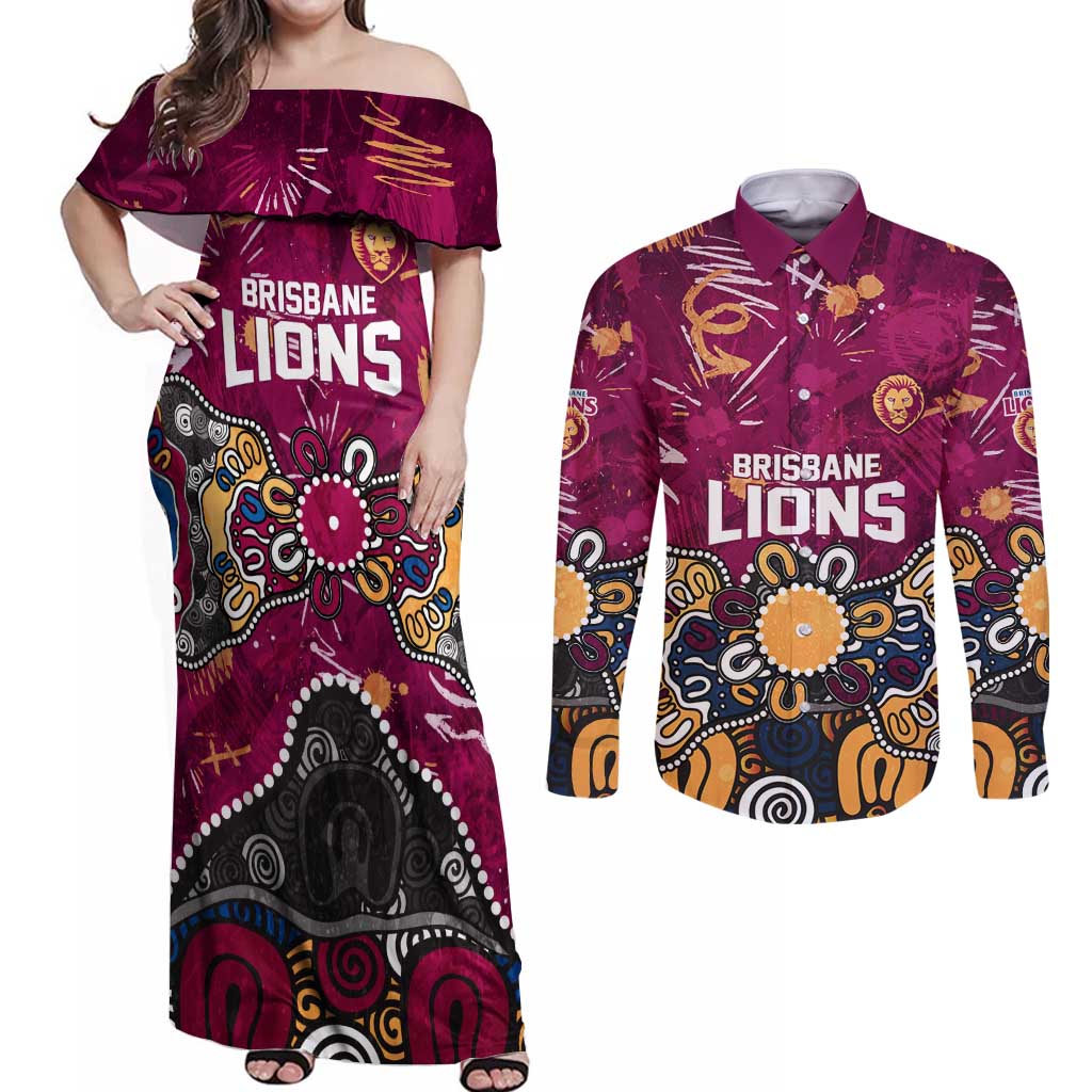 Personalized Brisbane Lions Couples Matching Off Shoulder Maxi Dress and Long Sleeve Button Shirt Aboriginal Dot Painting Graffiti Style