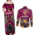 Personalized Brisbane Lions Couples Matching Off Shoulder Maxi Dress and Long Sleeve Button Shirt Aboriginal Dot Painting Graffiti Style