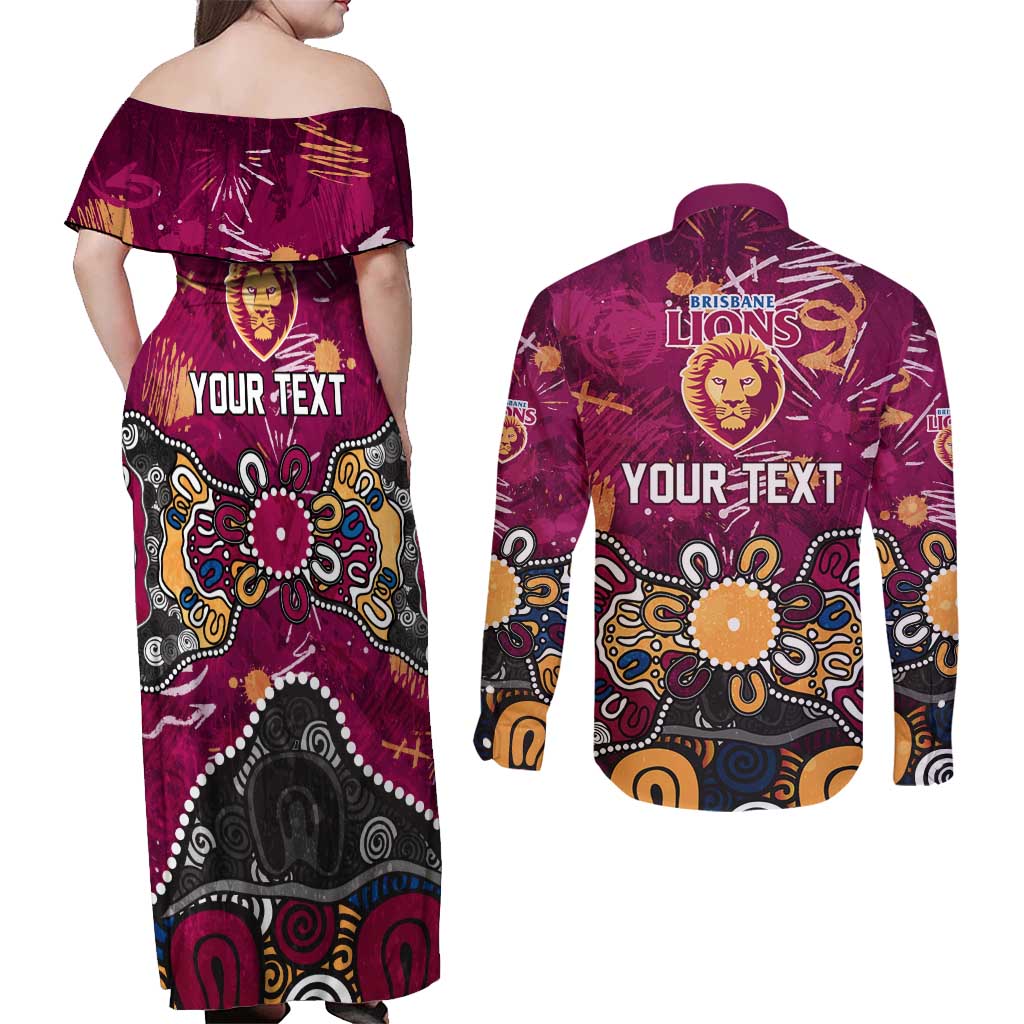 Personalized Brisbane Lions Couples Matching Off Shoulder Maxi Dress and Long Sleeve Button Shirt Aboriginal Dot Painting Graffiti Style