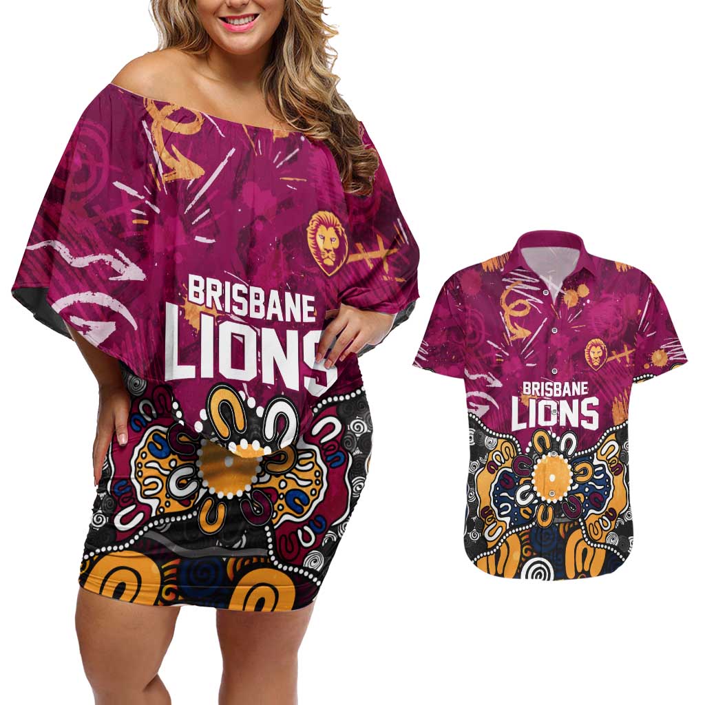 Personalized Brisbane Lions Couples Matching Off Shoulder Short Dress and Hawaiian Shirt Aboriginal Dot Painting Graffiti Style